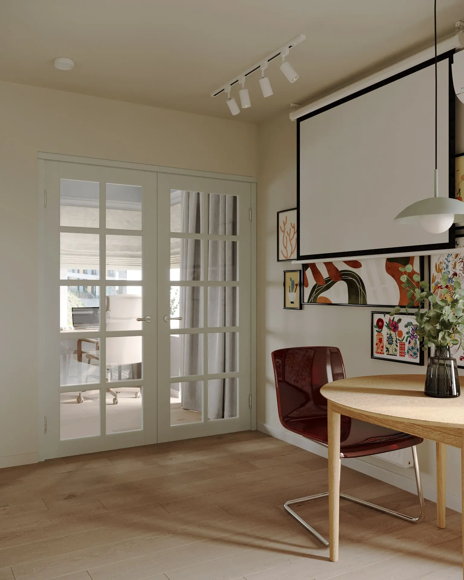 Дизайн вітальні з проектором для проведенення кіновечорів